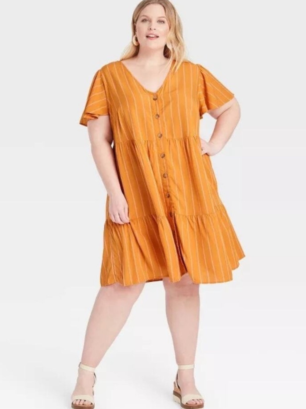 Ava & Viv Striped V-Neck Dress in Mustard with Stripes